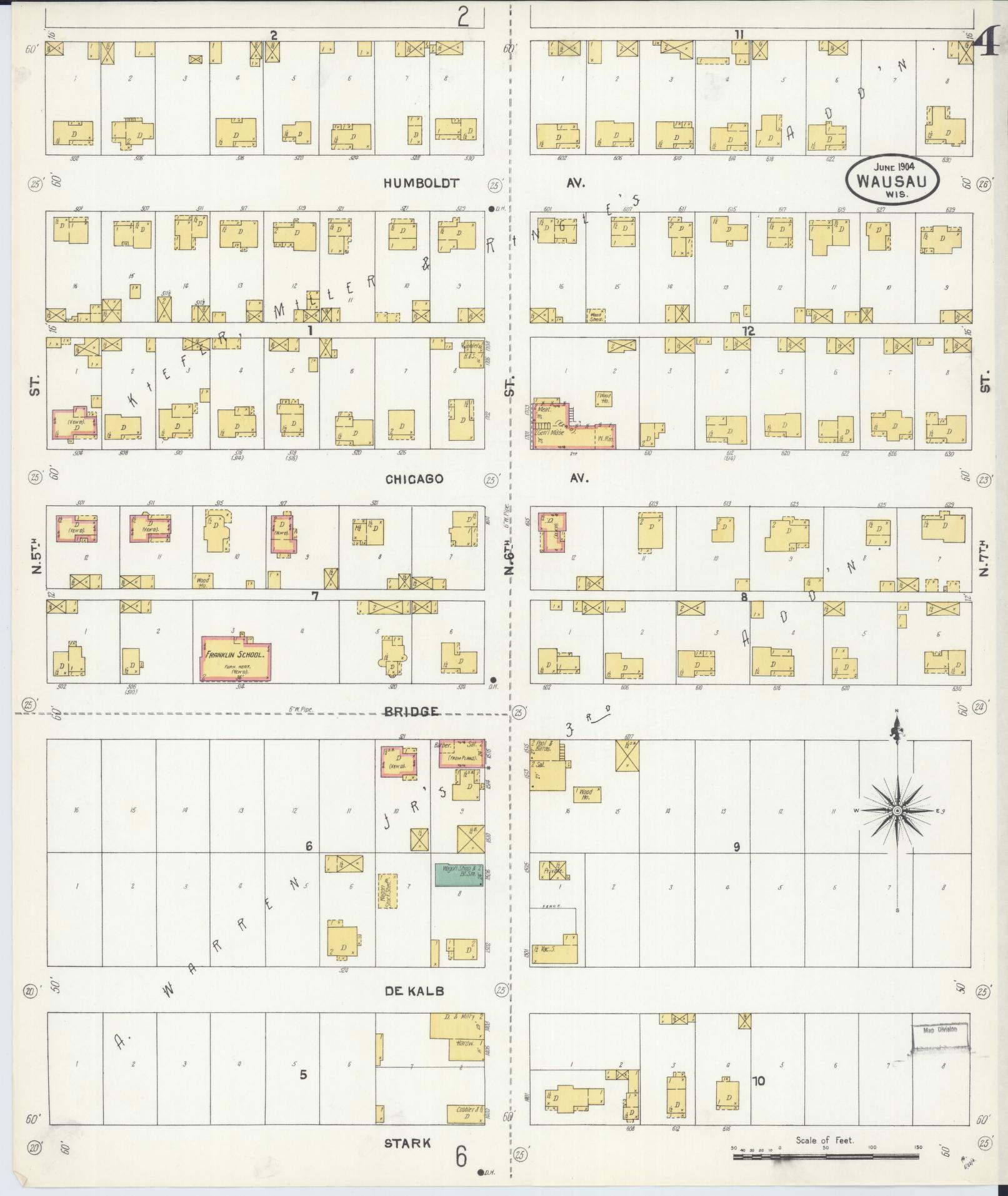 Sanborn Fire Insurance Map from Wausau, Marathon County, Wisconsin (1904), Sheet #0004 - Historic Sanborn Fire Insurance Map Print, vintage old map wall art, antique decor, genealogy gift, Wisconsin Wisconsin map
