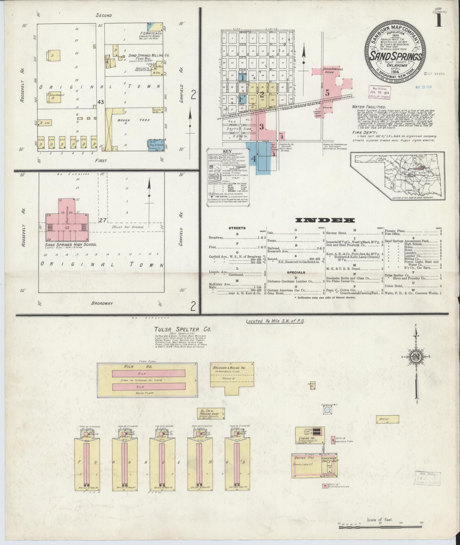 Sanborn Fire Insurance Map from Sand Springs, Tulsa County, Oklahoma (1914), Sheet #0001 - Complete Map Set gallery image, historic Sanborn map, vintage wall art, Oklahoma Oklahoma