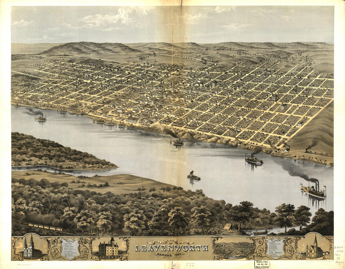 Bird's eye view of the city of Leavenworth, Kansas 1869. (1869) – Historic Bird’s-Eye View Panorama Print