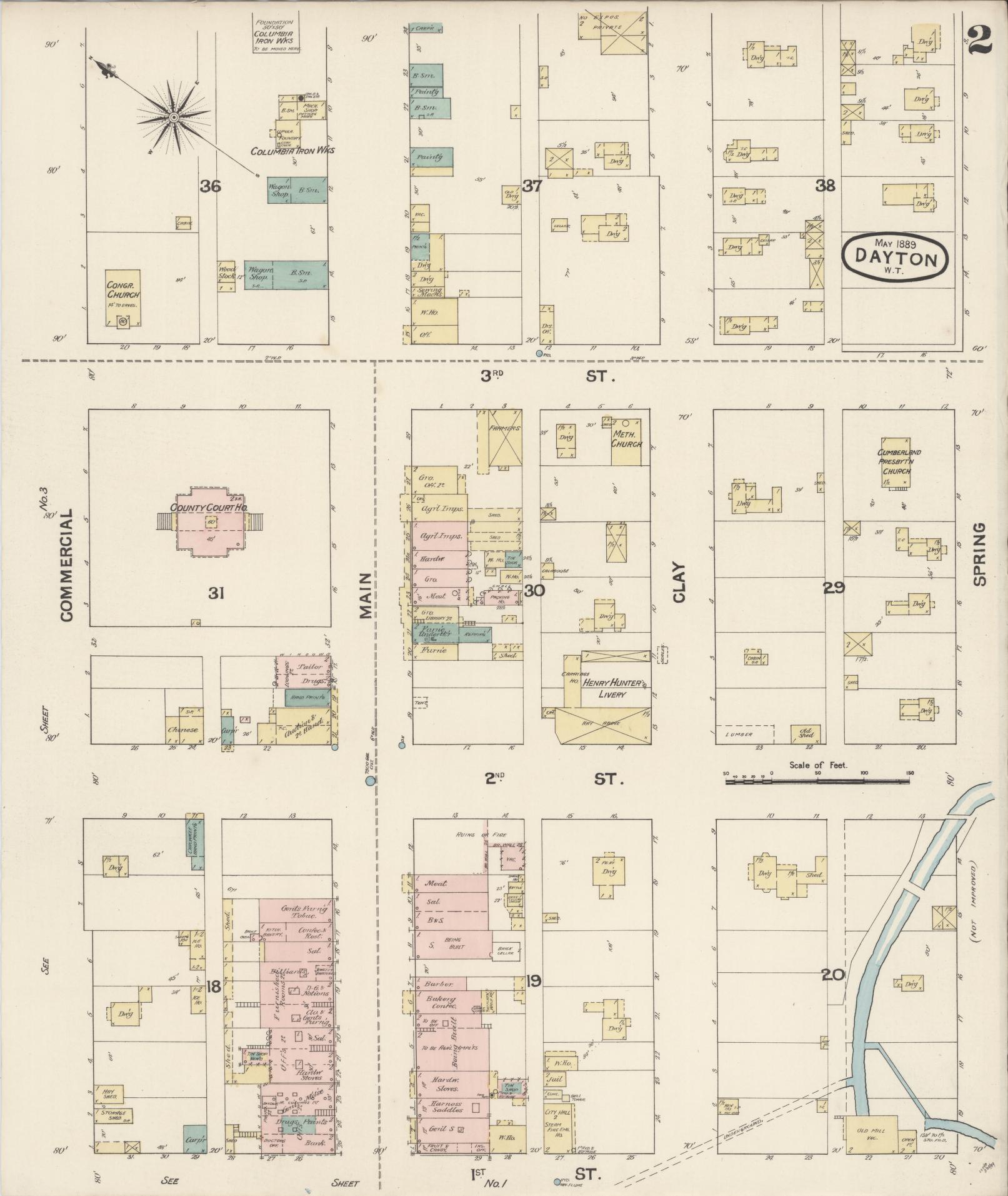Sanborn Fire Insurance Map from Dayton, Columbia County, Washington (1889), Sheet #0002 - Complete Map Set gallery image, historic Sanborn map, vintage wall art, Washington Washington