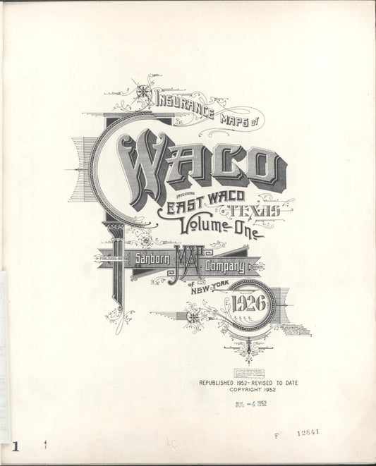 Sanborn Fire Insurance Map from Waco, McLennan County, Texas (1952), Sheet #0001 - Historic Sanborn Fire Insurance Map Print, vintage old map wall art, antique decor, genealogy gift, Texas Texas map