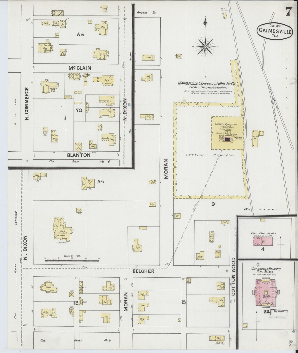 Sanborn Fire Insurance Map from Gainesville, Cooke County, Texas (1888), Sheet #0007 - Historic Sanborn Fire Insurance Map Print, vintage old map wall art, antique decor, genealogy gift, Texas Texas map