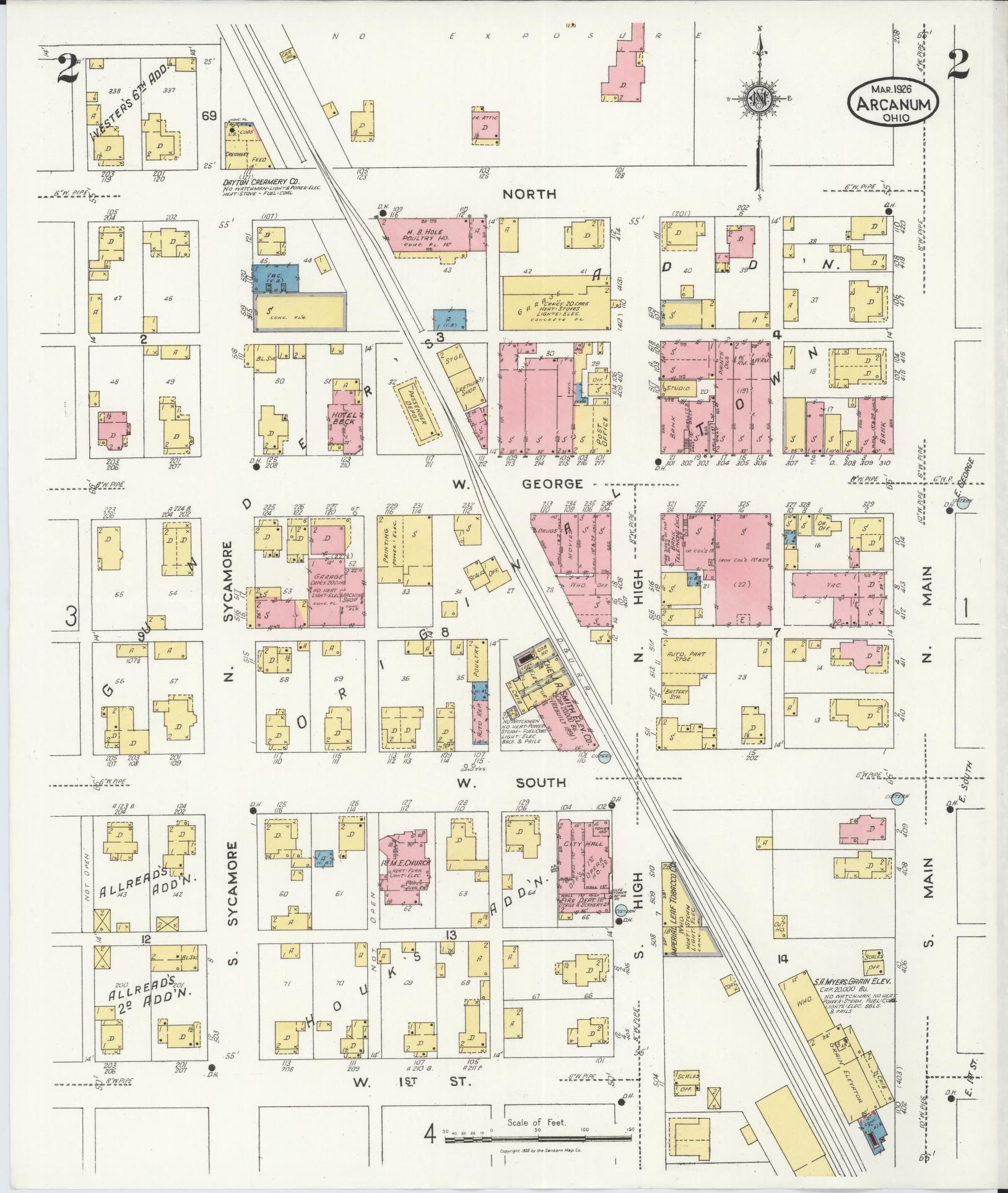 Sanborn Fire Insurance Map from Arcanum, Darke County, Ohio (1926), Sheet #0002 - Complete Map Set gallery image, historic Sanborn map, vintage wall art, Ohio Ohio