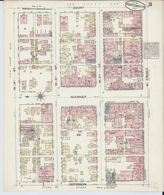 Sanborn Fire Insurance Map from Portsmouth, Scioto County, Ohio (1884), Sheet #0003 - Historic Sanborn Fire Insurance Map Print, vintage old map wall art, antique decor, genealogy gift, Ohio Ohio map