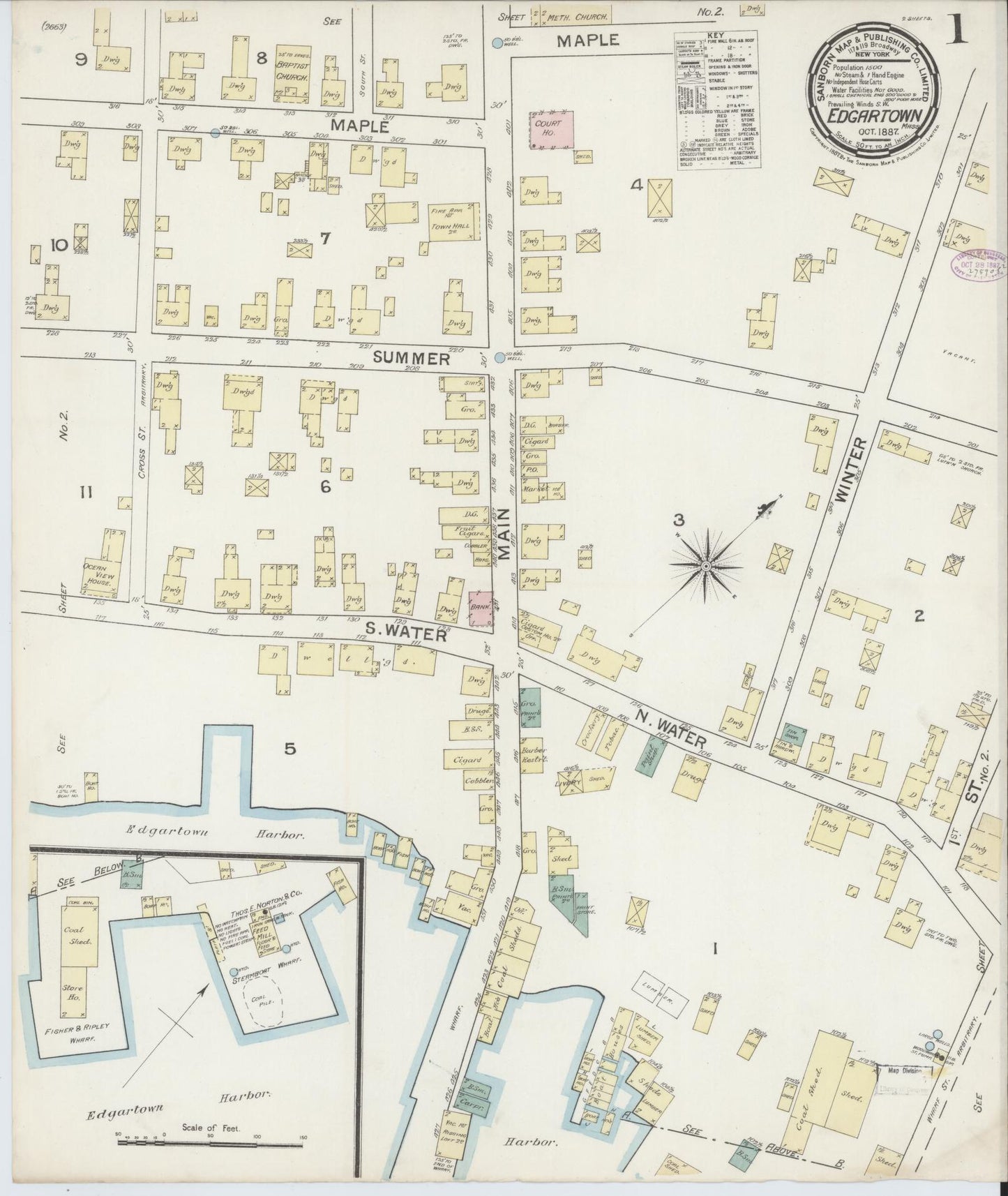Sanborn Fire Insurance Map from Edgartown, Dukes County, Massachusetts (1887), Sheet #0001 - Historic Sanborn Fire Insurance Map Print, vintage old map wall art, antique decor, genealogy gift, Massachusetts Massachusetts map