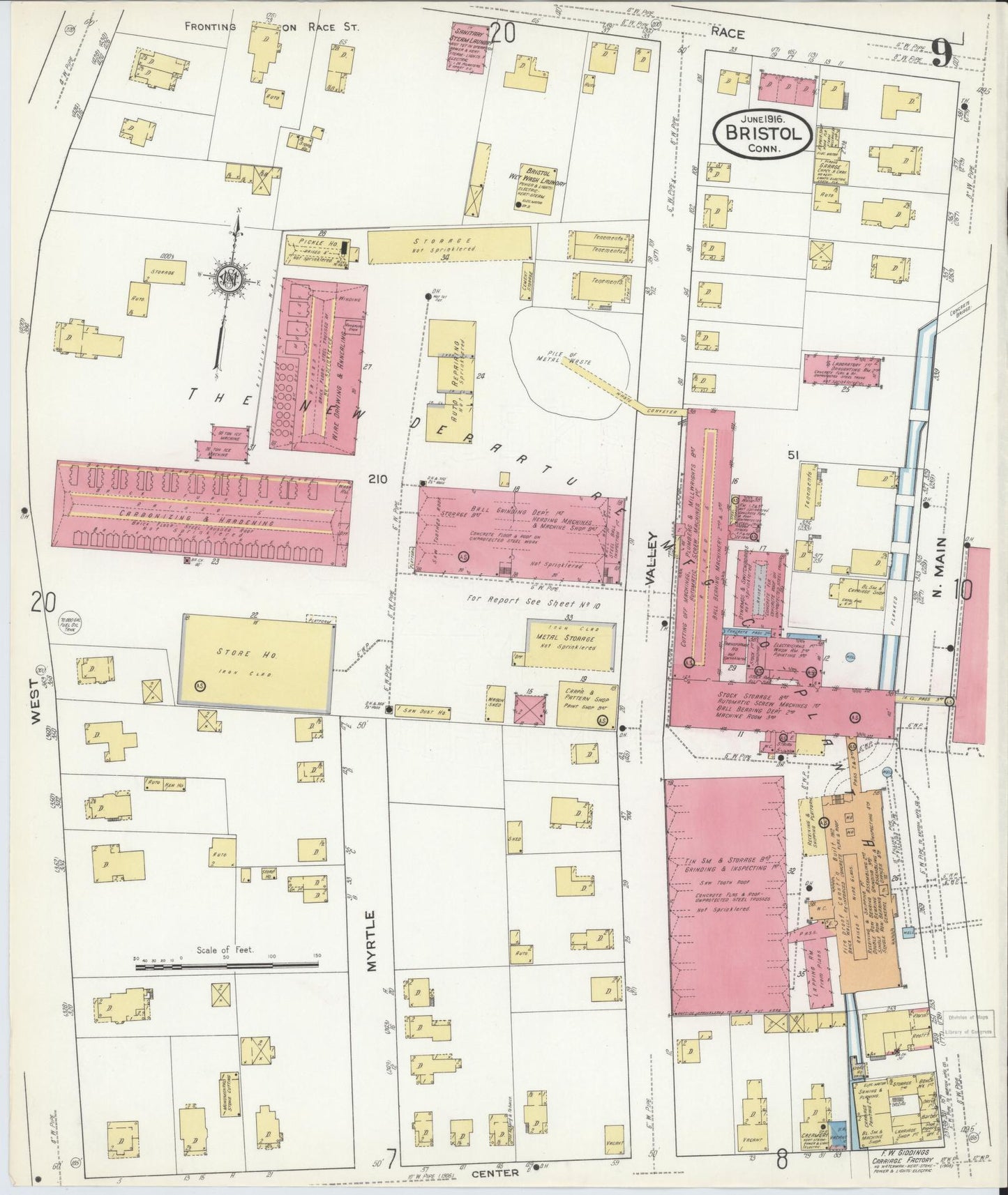 Sanborn Fire Insurance Map from Bristol, Hartford County, Connecticut (1916), Sheet #0009 - Historic Sanborn Fire Insurance Map Print, vintage old map wall art, antique decor, genealogy gift, Connecticut Connecticut map