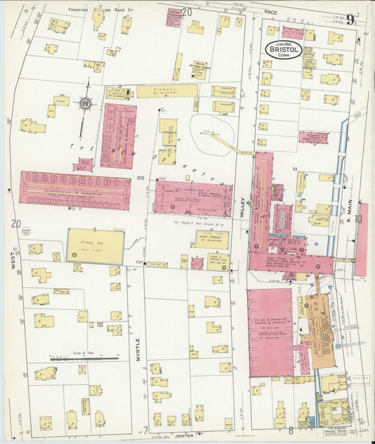 Sanborn Fire Insurance Map from Bristol, Hartford County, Connecticut (1916), Sheet #0009 - Historic Sanborn Fire Insurance Map Print, vintage old map wall art, antique decor, genealogy gift, Connecticut Connecticut map