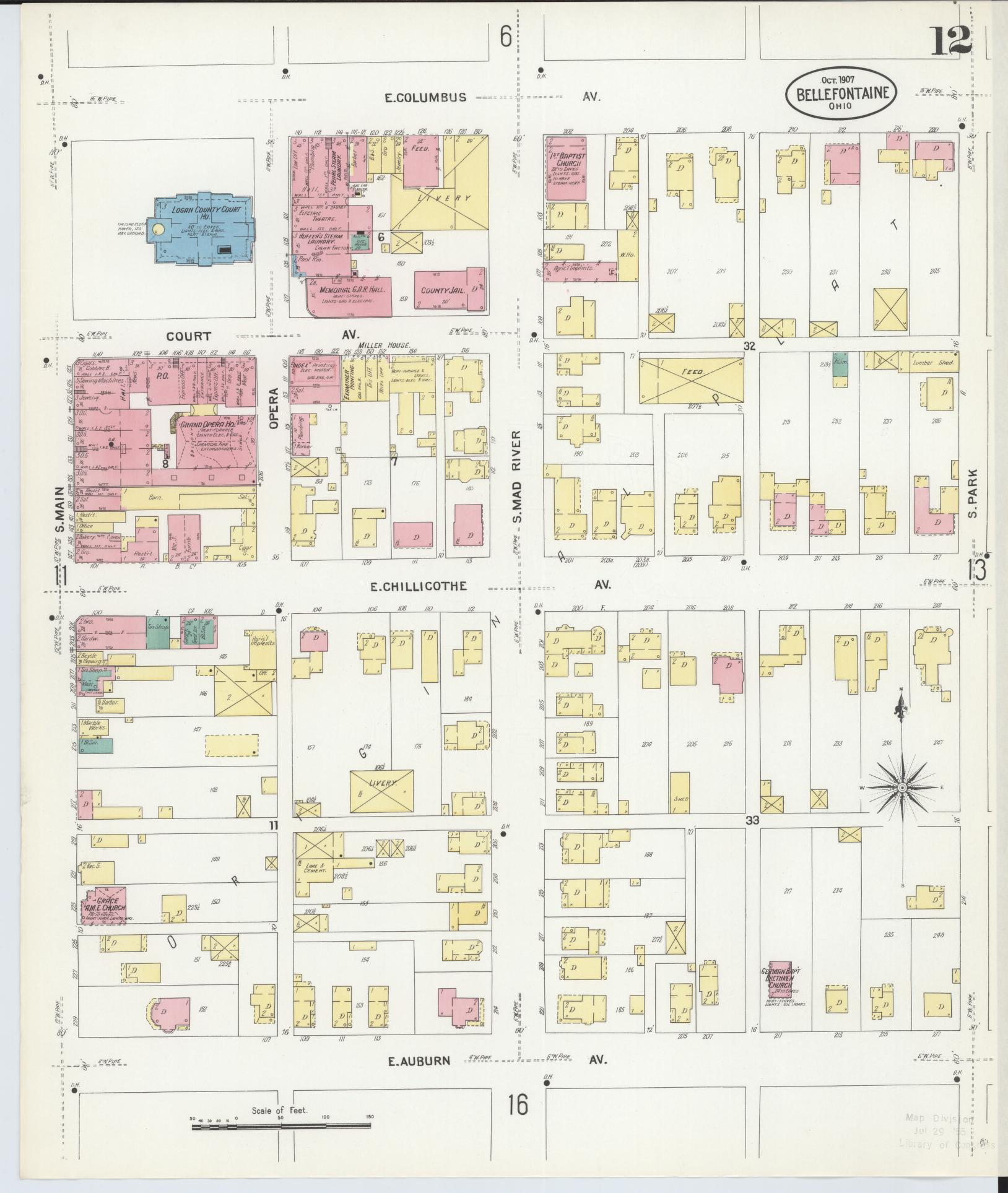 Sanborn Fire Insurance Map from Bellefontaine, Logan County, Ohio (1907), Sheet #0012 - Historic Sanborn Fire Insurance Map Print, vintage old map wall art, antique decor, genealogy gift, Ohio Ohio map