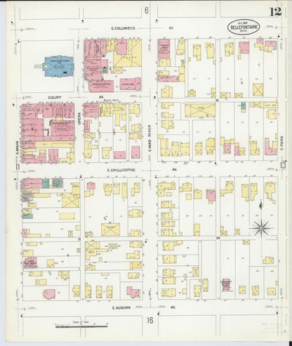 Sanborn Fire Insurance Map from Bellefontaine, Logan County, Ohio (1907), Sheet #0012 - Historic Sanborn Fire Insurance Map Print, vintage old map wall art, antique decor, genealogy gift, Ohio Ohio map