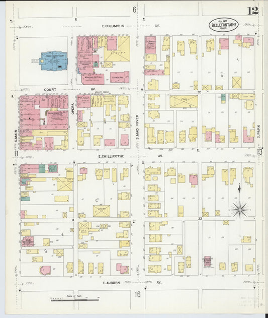 Sanborn Fire Insurance Map from Bellefontaine, Logan County, Ohio (1907), Sheet #0012 - Historic Sanborn Fire Insurance Map Print, vintage old map wall art, antique decor, genealogy gift, Ohio Ohio map
