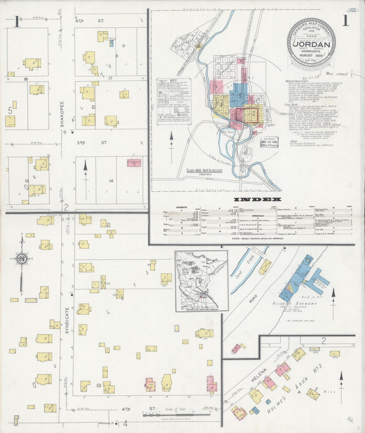 Sanborn Fire Insurance Map from Jordan, Scott County, Minnesota (1928), Sheet #0001 - Historic Sanborn Fire Insurance Map Print, vintage old map wall art, antique decor, genealogy gift, Minnesota Minnesota map