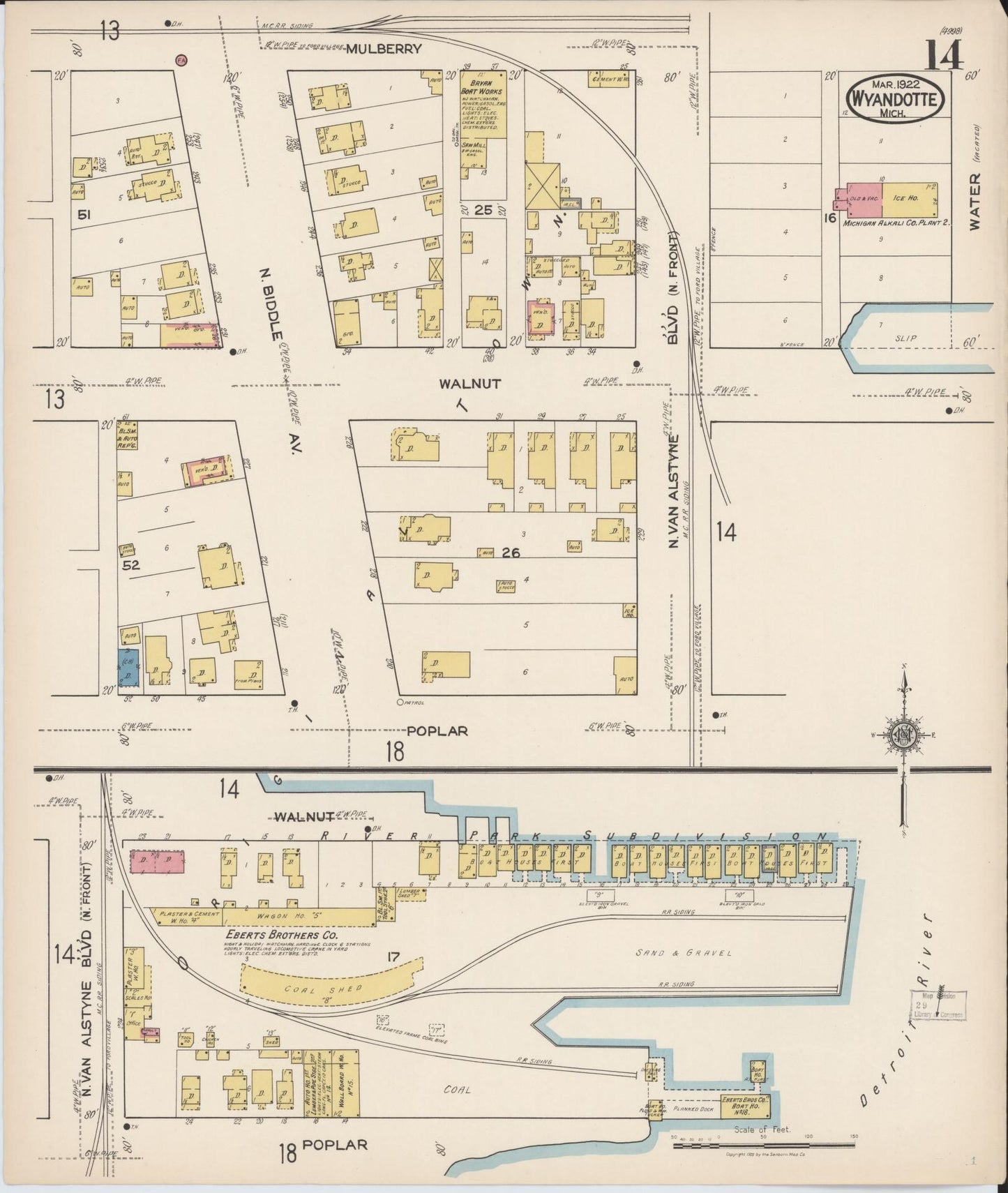 Sanborn Fire Insurance Map from Wyandotte, Wayne County, Michigan (1922), Sheet #0014 - Complete Map Set gallery image, historic Sanborn map, vintage wall art, Michigan Michigan