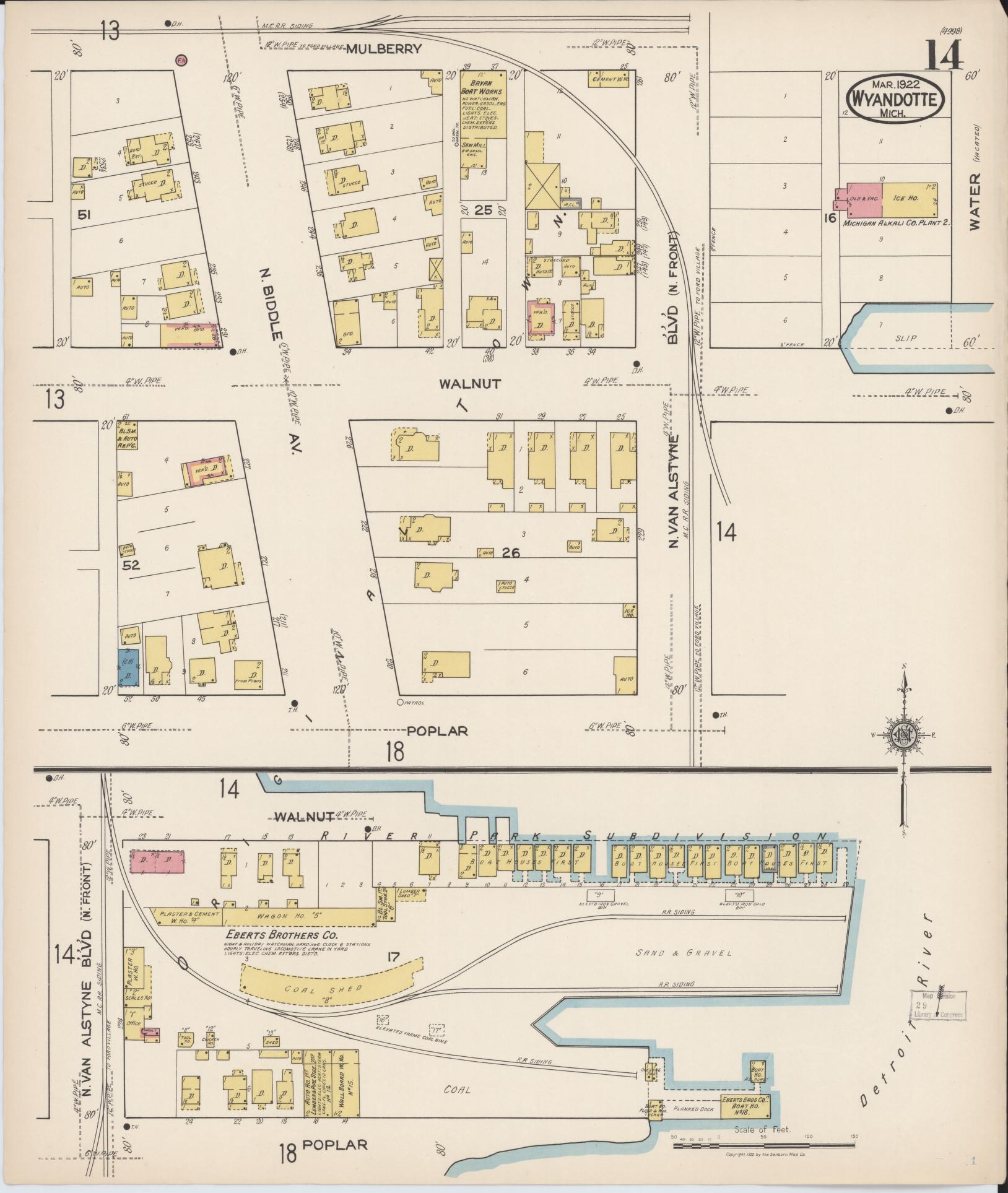 Sanborn Fire Insurance Map from Wyandotte, Wayne County, Michigan (1922), Sheet #0014 - Complete Map Set gallery image, historic Sanborn map, vintage wall art, Michigan Michigan