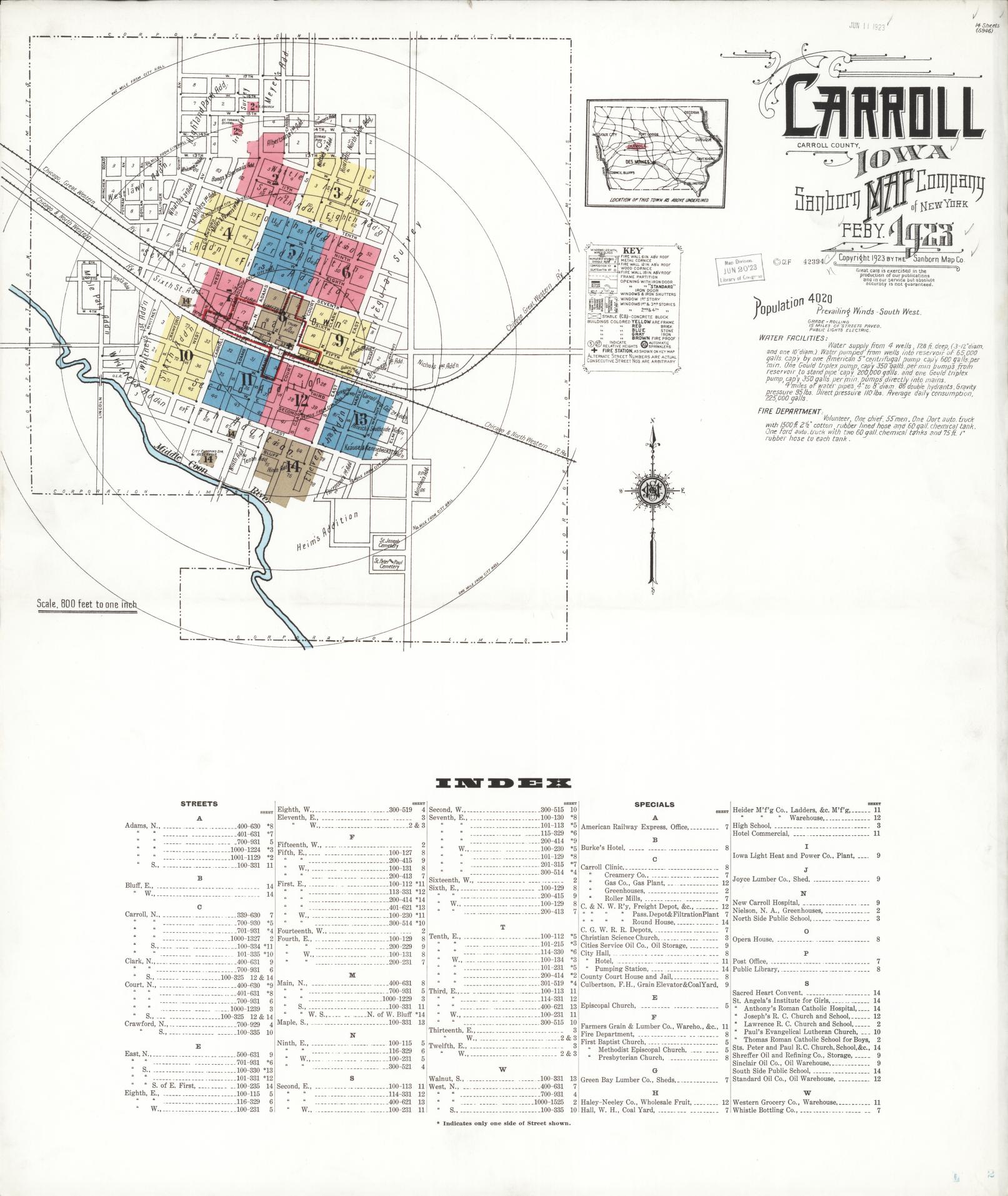 Sanborn Fire Insurance Map from Carroll, Carroll County, Iowa (1923), Sheet #0001 - Historic Sanborn Fire Insurance Map Print, vintage old map wall art