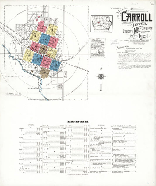 Sanborn Fire Insurance Map from Carroll, Carroll County, Iowa (1923), Sheet #0001 - Historic Sanborn Fire Insurance Map Print, vintage old map wall art