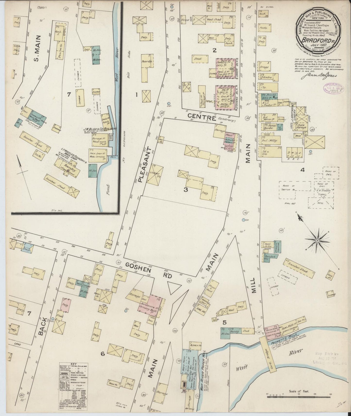 Sanborn Fire Insurance Map from Bradford, Orange County, Vermont (1887), Sheet #0001 - Historic Sanborn Fire Insurance Map Print, vintage old map wall art, antique decor, genealogy gift, Vermont Vermont map