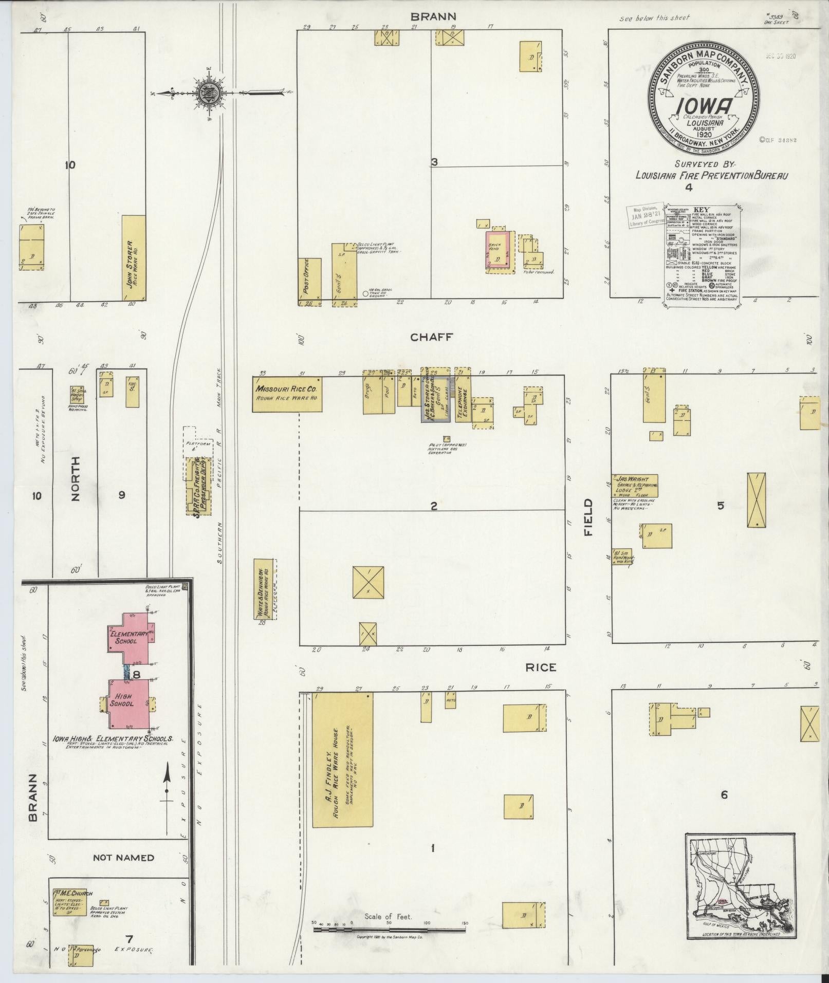 Sanborn Fire Insurance Map from Iowa, Calcasieu Parish, Louisiana (1920), Sheet #0001 - Historic Sanborn Fire Insurance Map Print, vintage old map wall art