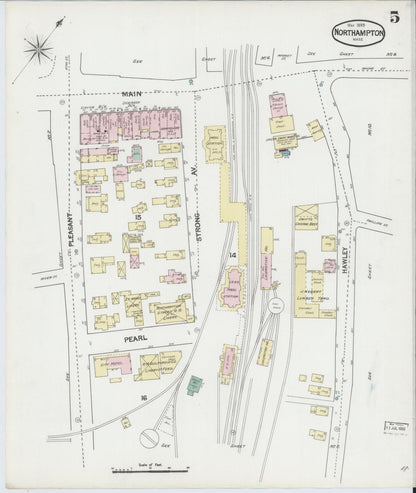 Sanborn Fire Insurance Map from Northampton, Hampshire County, Massachusetts (1889), Sheet #0005 - Historic Sanborn Fire Insurance Map Print, vintage old map wall art, antique decor, genealogy gift, Massachusetts Massachusetts map