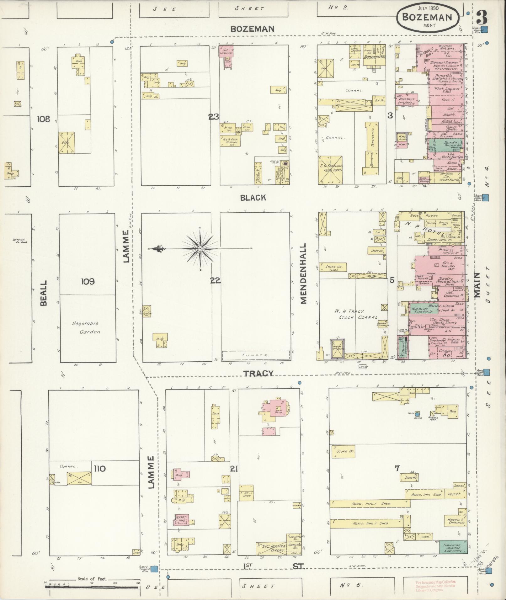 Sanborn Fire Insurance Map from Bozeman, Gallatin County, Montana (1890), Sheet #0003 - Historic Sanborn Fire Insurance Map Print, vintage old map wall art, antique decor, genealogy gift, Montana Montana map