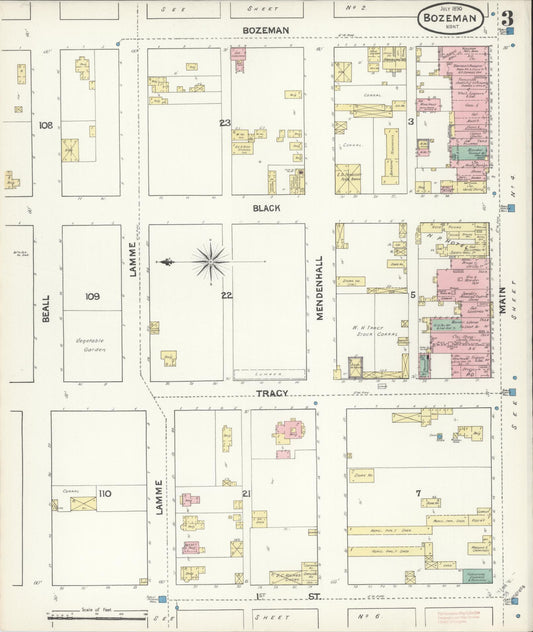 Sanborn Fire Insurance Map from Bozeman, Gallatin County, Montana (1890), Sheet #0003 - Historic Sanborn Fire Insurance Map Print, vintage old map wall art, antique decor, genealogy gift, Montana Montana map