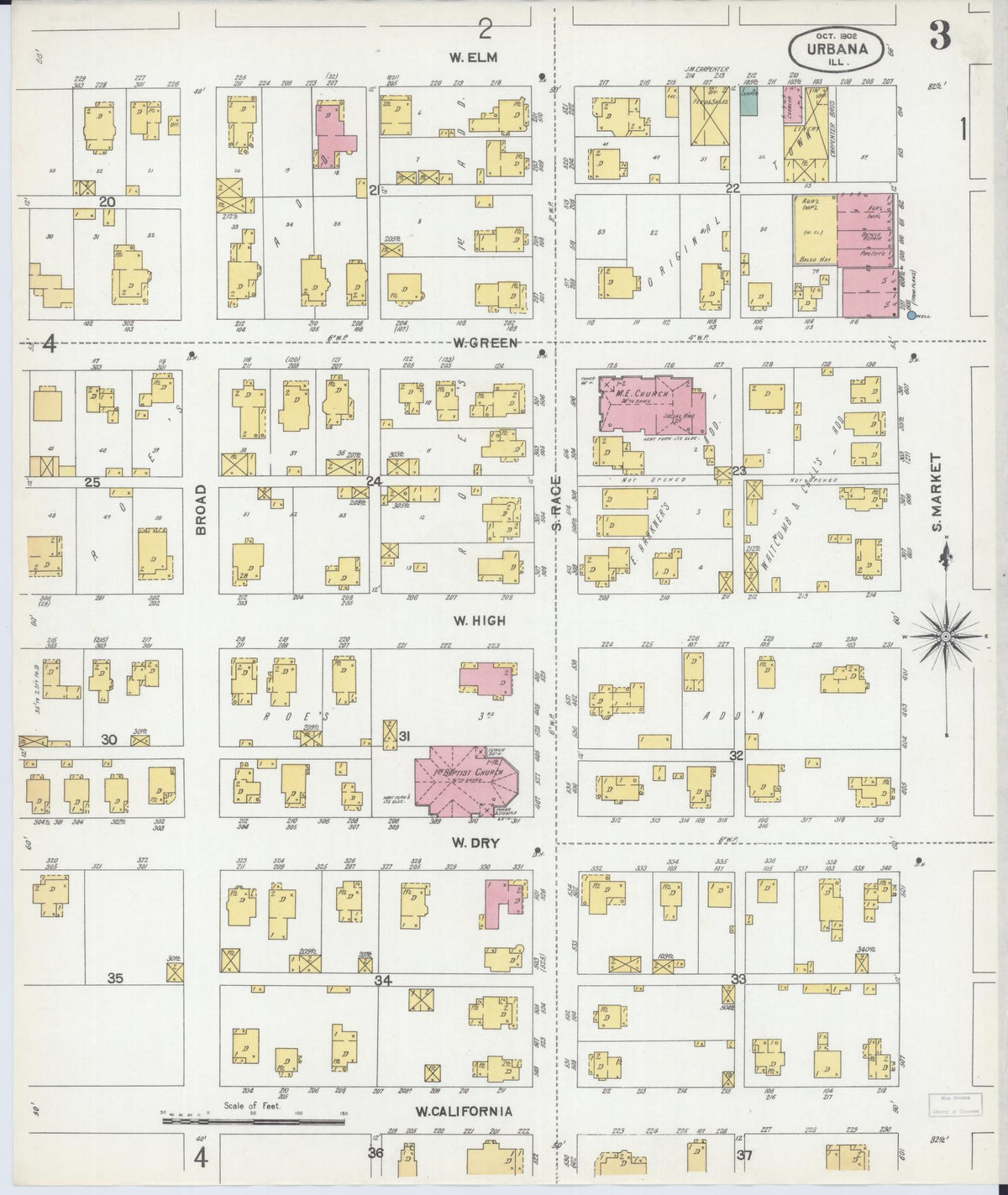 Sanborn Fire Insurance Map from Urbana, Champaign County, Illinois (1902), Sheet #0003 - Complete Map Set gallery image, historic Sanborn map, vintage wall art, Illinois Illinois