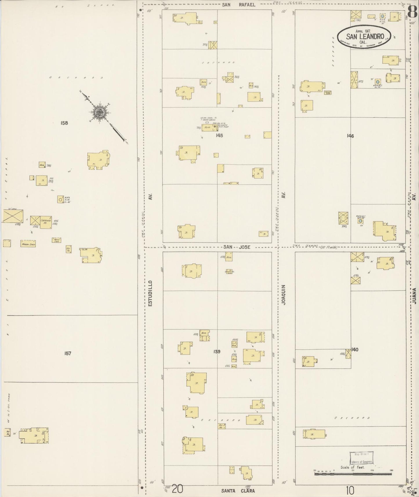 Sanborn Fire Insurance Map from San Leandro, Alameda County, California (1917), Sheet #0008 - Complete Map Set gallery image, historic Sanborn map, vintage wall art, California California