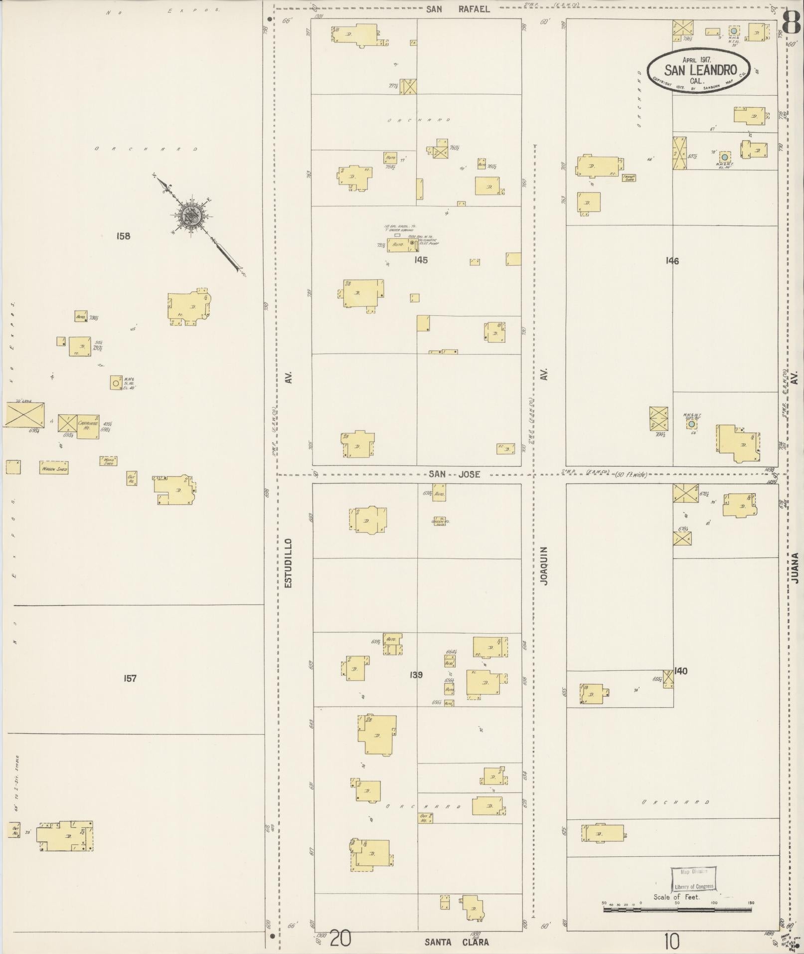 Sanborn Fire Insurance Map from San Leandro, Alameda County, California (1917), Sheet #0008 - Complete Map Set gallery image, historic Sanborn map, vintage wall art, California California