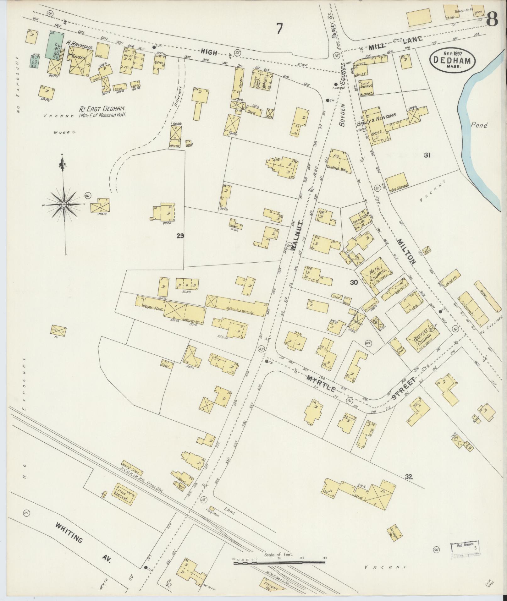 Sanborn Fire Insurance Map from Dedham, Norfolk County, Massachusetts (1897), Sheet #0008 - Historic Sanborn Fire Insurance Map Print, vintage old map wall art, antique decor, genealogy gift, Massachusetts Massachusetts map