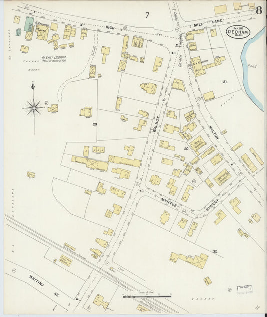 Sanborn Fire Insurance Map from Dedham, Norfolk County, Massachusetts (1897), Sheet #0008 - Historic Sanborn Fire Insurance Map Print, vintage old map wall art, antique decor, genealogy gift, Massachusetts Massachusetts map