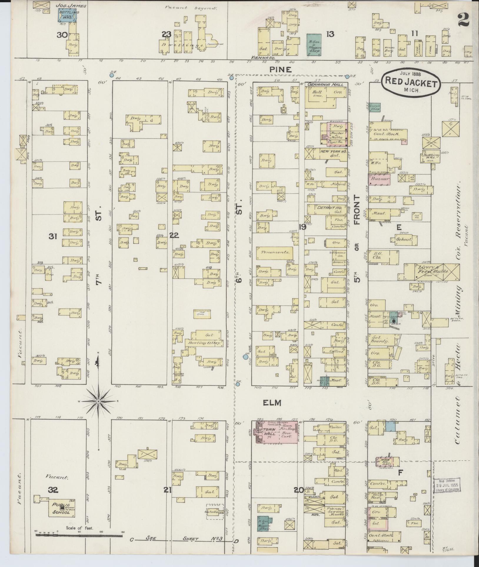 Sanborn Fire Insurance Map from Red Jacket, Houghton County, Michigan (1888), Sheet #0002 - Complete Map Set gallery image, historic Sanborn map, vintage wall art, Michigan Michigan