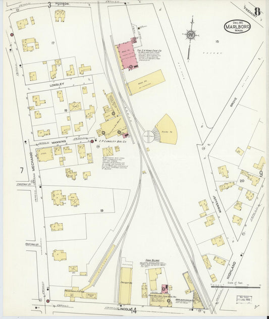 Sanborn Fire Insurance Map from Marlborough, Middlesex County, Massachusetts (1912), Sheet #0008 - Historic Sanborn Fire Insurance Map Print, vintage old map wall art, antique decor, genealogy gift, Massachusetts Massachusetts map