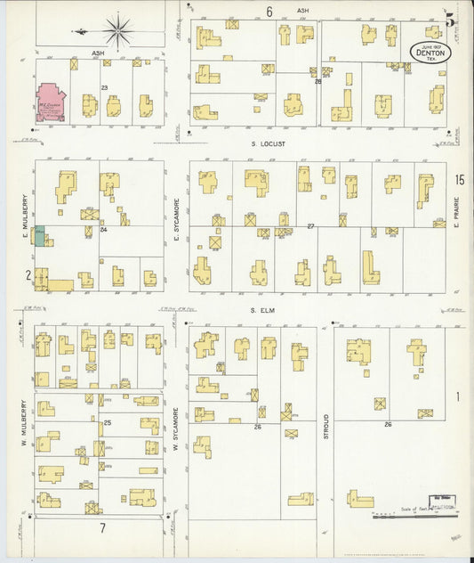 Sanborn Fire Insurance Map from Denton, Denton County, Texas (1907), Sheet #0005 - Historic Sanborn Fire Insurance Map Print, vintage old map wall art, antique decor, genealogy gift, Texas Texas map