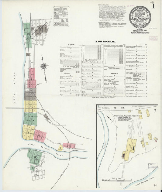 Sanborn Fire Insurance Map from Point Pleasant, Mason County, West Virginia (1910), Sheet #0001 - Historic Sanborn Fire Insurance Map Print, vintage old map wall art, antique decor, genealogy gift, West Virginia West Virginia map