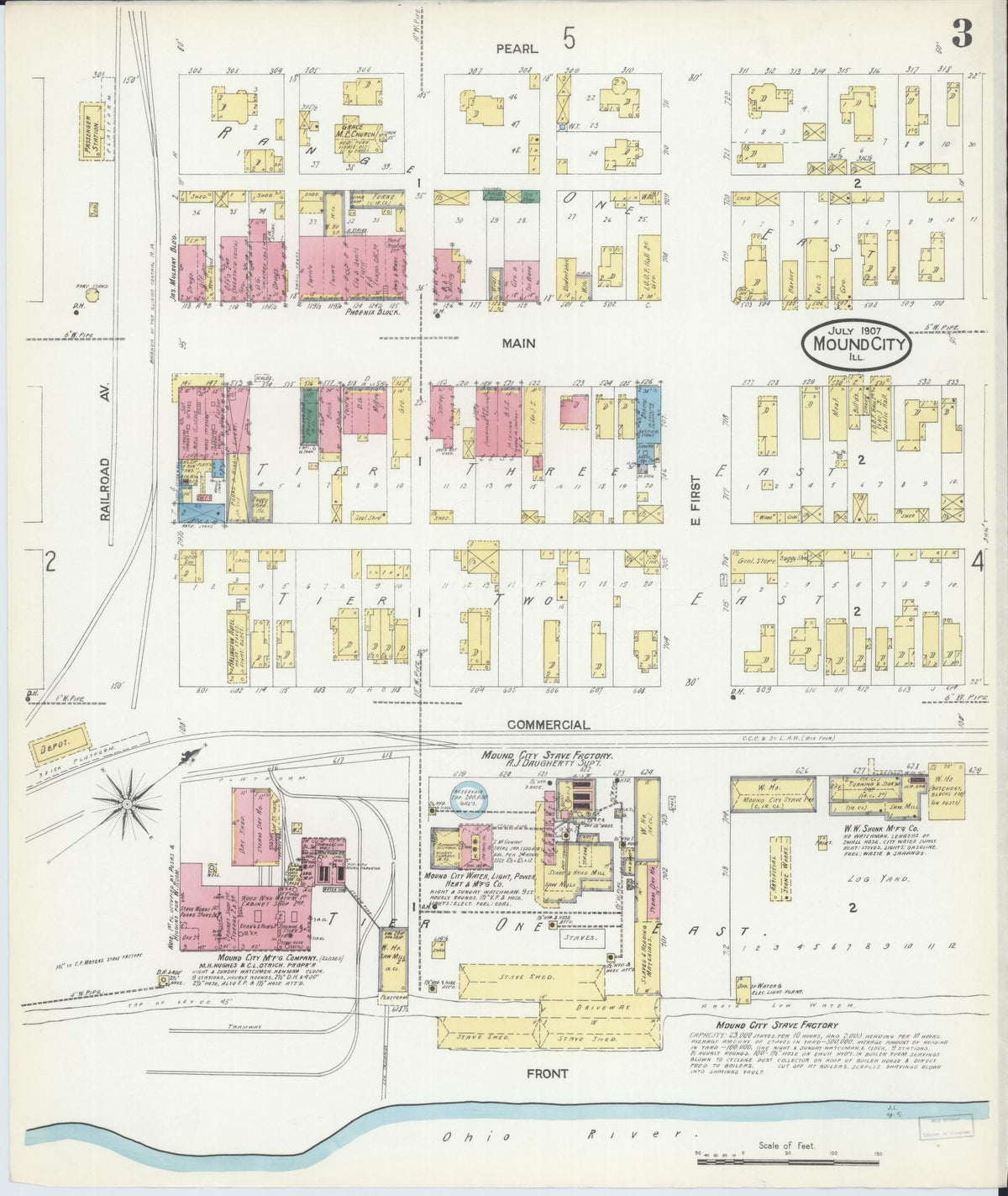 Sanborn Fire Insurance Map from Mound City, Pulaski County, Illinois (1907), Sheet #0003 - Historic Sanborn Fire Insurance Map Print, vintage old map wall art, antique decor, genealogy gift, Illinois Illinois map