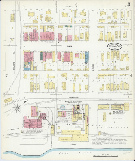 Sanborn Fire Insurance Map from Mound City, Pulaski County, Illinois (1907), Sheet #0003 - Historic Sanborn Fire Insurance Map Print, vintage old map wall art, antique decor, genealogy gift, Illinois Illinois map