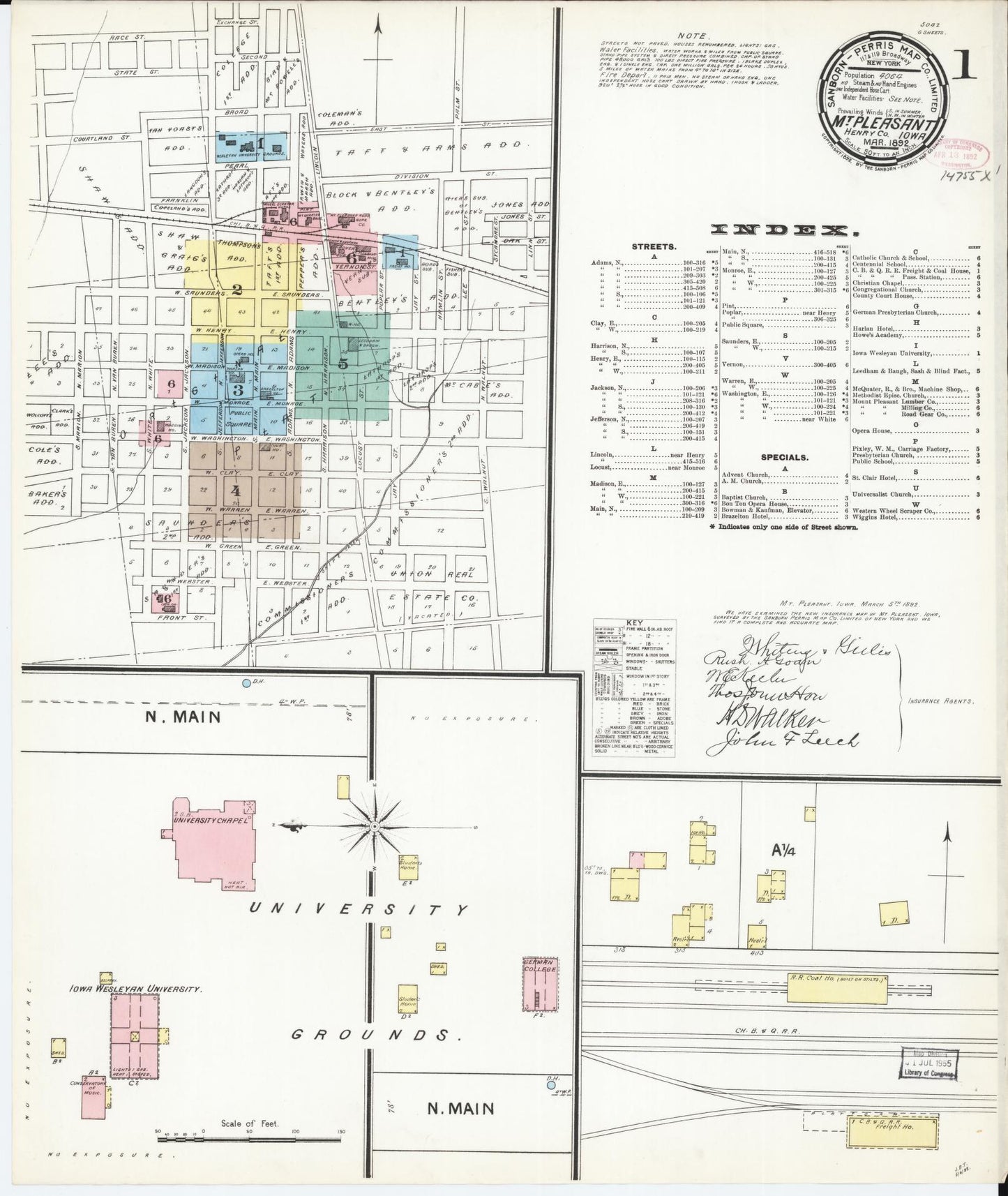 Sanborn Fire Insurance Map from Mount Pleasant, Henry County, Iowa (1892), Sheet #0001 - Historic Sanborn Fire Insurance Map Print