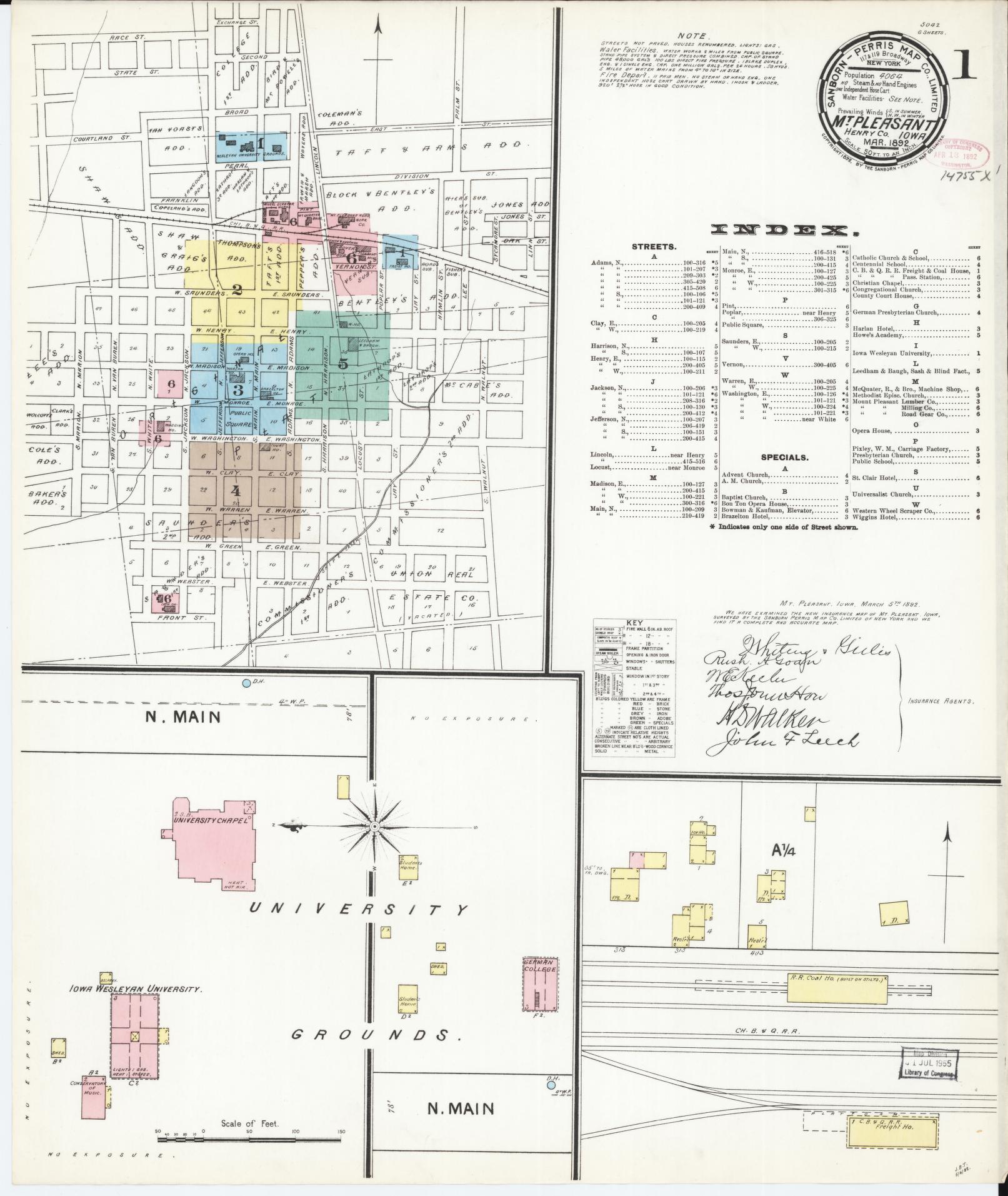 Sanborn Fire Insurance Map from Mount Pleasant, Henry County, Iowa (1892), Sheet #0001 - Historic Sanborn Fire Insurance Map Print