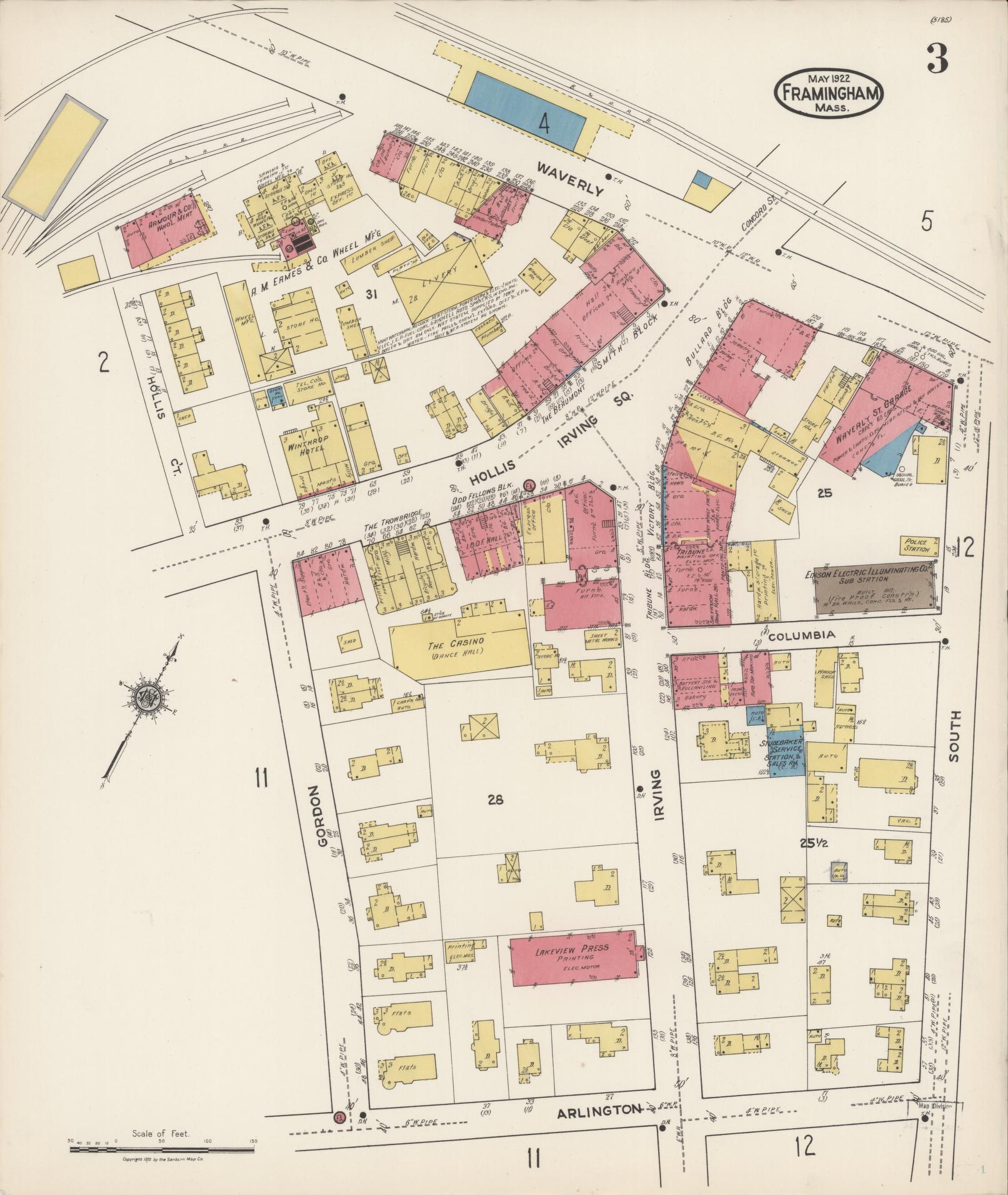 Sanborn Fire Insurance Map from Framingham, Middlesex County, Massachusetts (1922), Sheet #0003 - Historic Sanborn Fire Insurance Map Print, vintage old map wall art, antique decor, genealogy gift, Massachusetts Massachusetts map