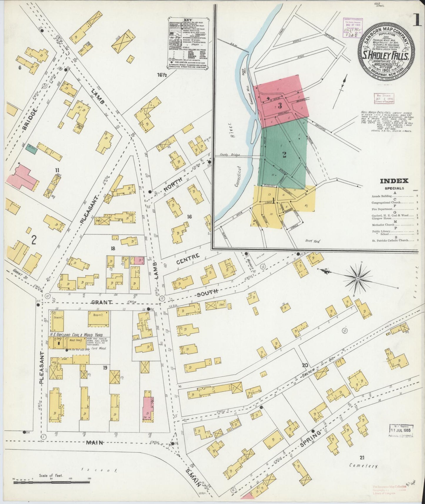 Sanborn Fire Insurance Map from South Hadley Falls, Hampshire County, Massachusetts (1905), Sheet #0001 - Historic Sanborn Fire Insurance Map Print, vintage old map wall art, antique decor, genealogy gift, Massachusetts Massachusetts map