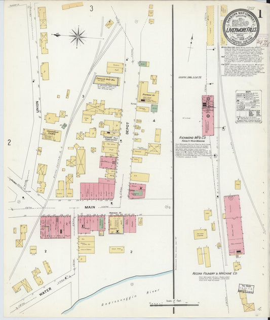 Sanborn Fire Insurance Map from Livermore Falls, Androscoggin County, Maine (1908), Sheet #0001 - Complete Map Set gallery image, historic Sanborn map, vintage wall art, Maine Maine