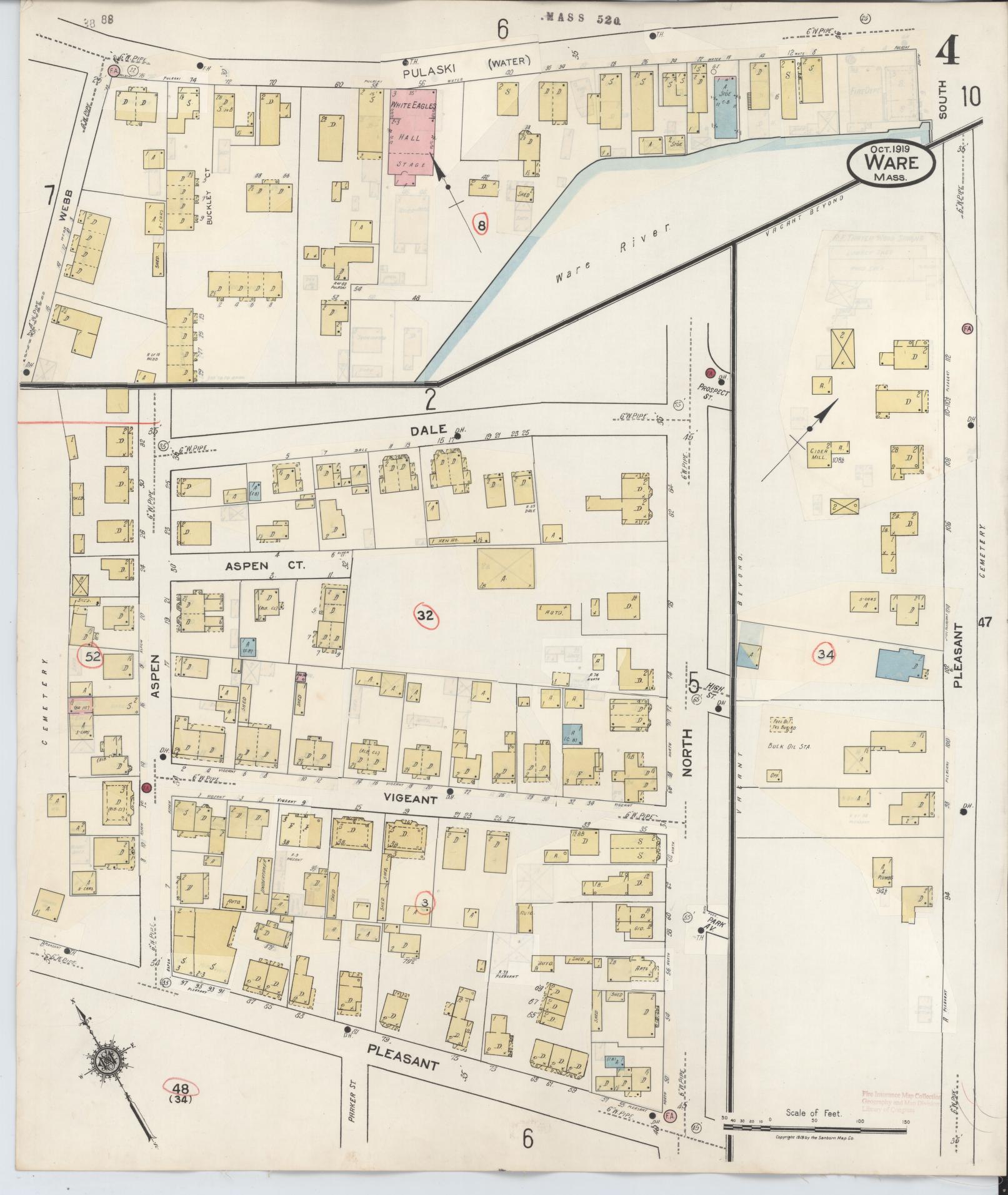 Sanborn Fire Insurance Map from Ware, Hampshire County, Massachusetts (1946), Sheet #0004 - Historic Sanborn Fire Insurance Map Print, vintage old map wall art, antique decor, genealogy gift, Massachusetts Massachusetts map