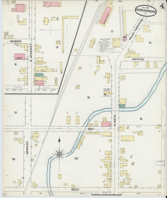 Sanborn Fire Insurance Map from Harrisonburg, Independent Cities, Virginia (1891), Sheet #0004 - Historic Sanborn Fire Insurance Map Print, vintage old map wall art, antique decor, genealogy gift, Virginia Virginia map