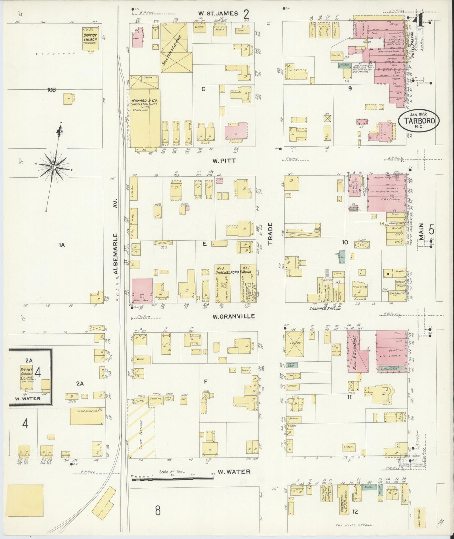 Sanborn Fire Insurance Map from Tarboro, Edgecombe County, North Carolina (1908), Sheet #0004 - Complete Map Set gallery image, historic Sanborn map, vintage wall art, North Carolina North Carolina