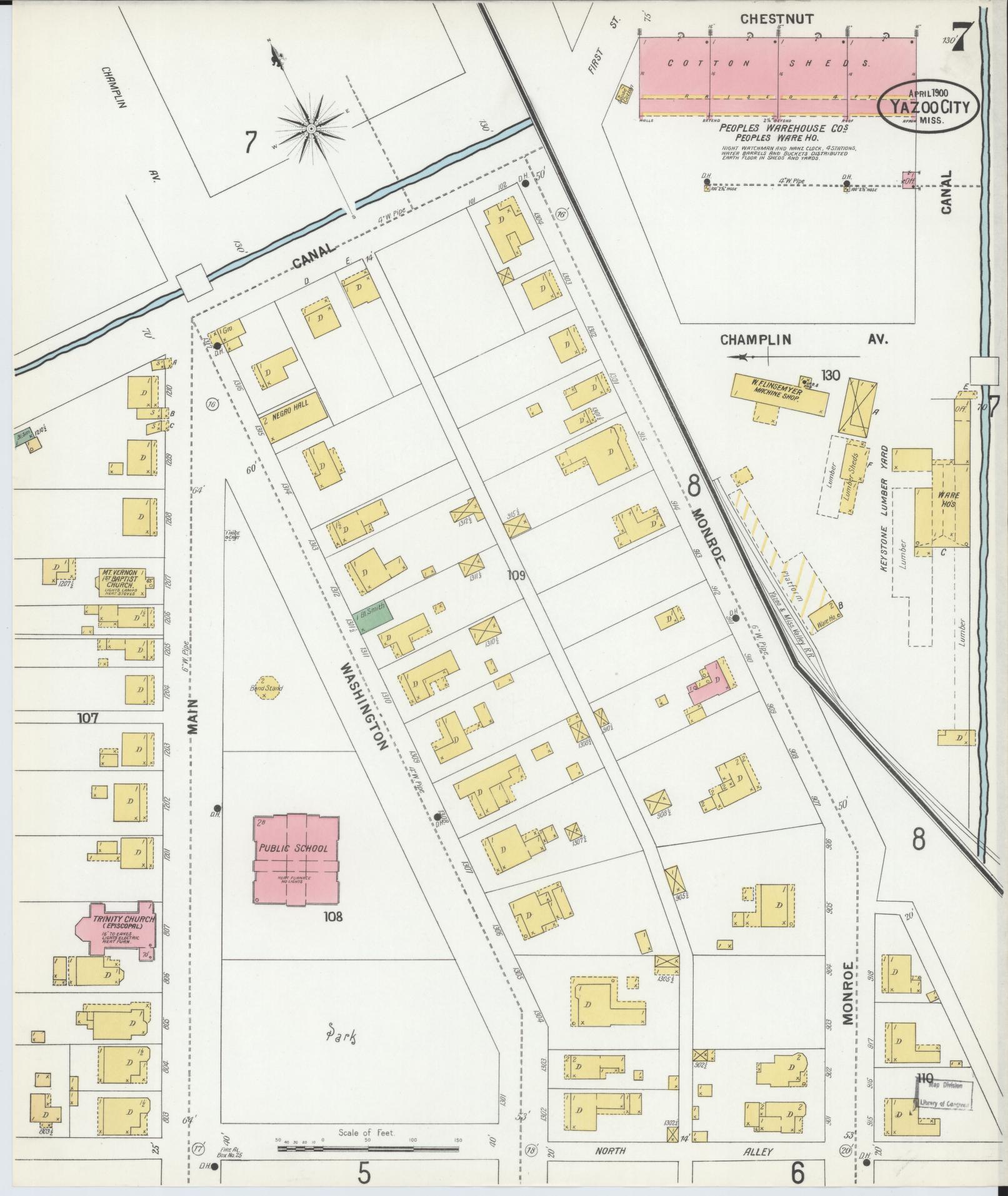 Sanborn Fire Insurance Map from Yazoo City, Yazoo County, Mississippi (1900), Sheet #0007 - Historic Sanborn Fire Insurance Map Print, vintage old map wall art, antique decor, genealogy gift, Mississippi Mississippi map