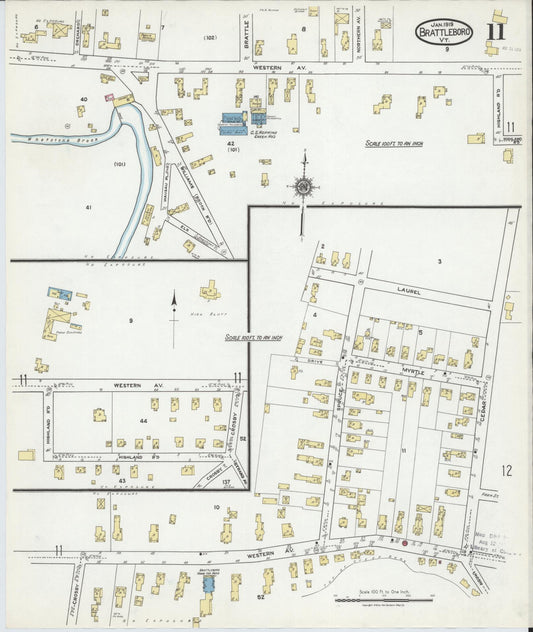 Sanborn Fire Insurance Map from Brattleboro, Windham County, Vermont (1919), Sheet #0011 - Historic Sanborn Fire Insurance Map Print, vintage old map wall art, antique decor, genealogy gift, Vermont Vermont map