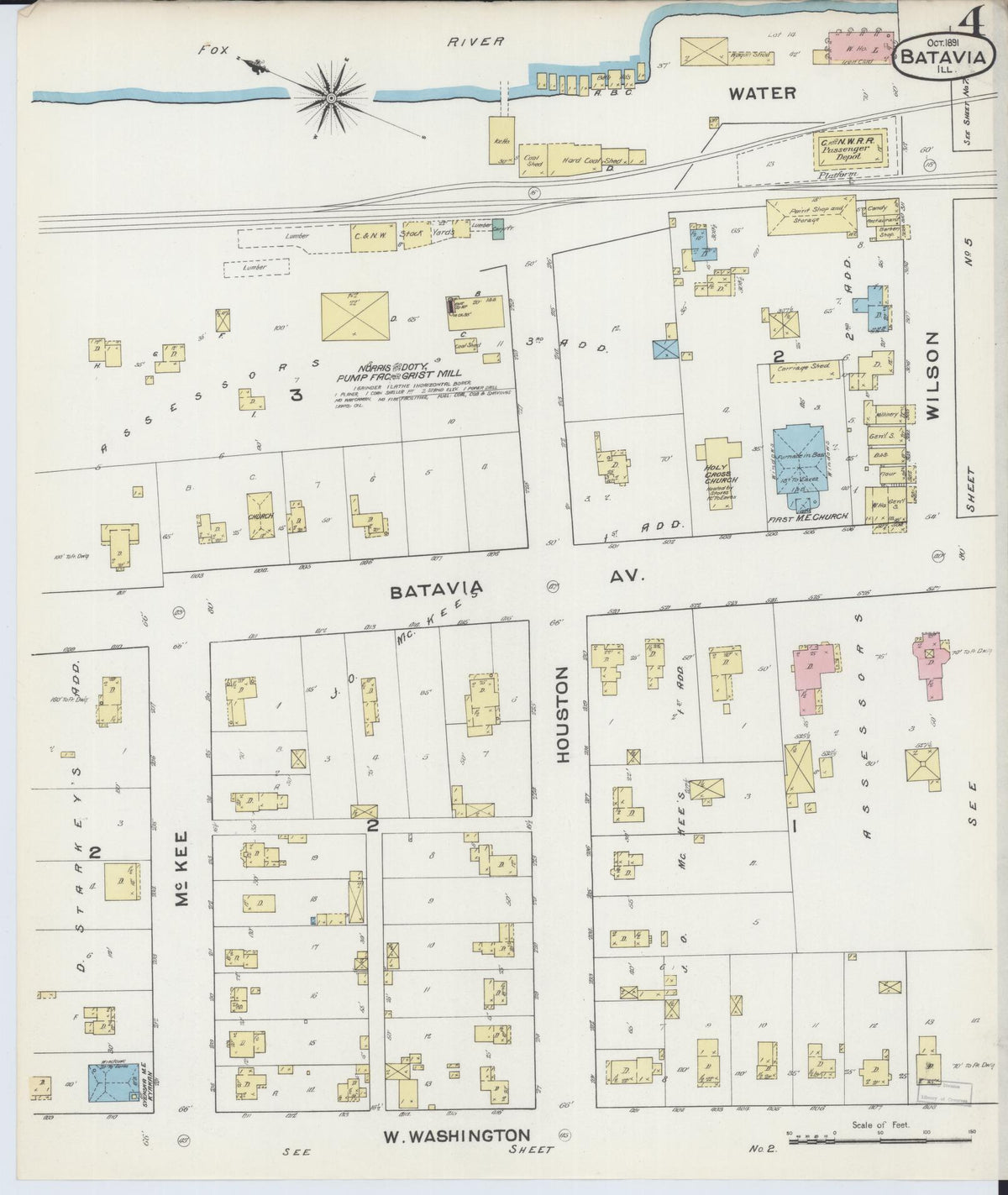 Sanborn Fire Insurance Map from Batavia, Kane County, Illinois (1891), Sheet #0004 - Historic Sanborn Fire Insurance Map Print, vintage old map wall art, antique decor, genealogy gift, Illinois Illinois map