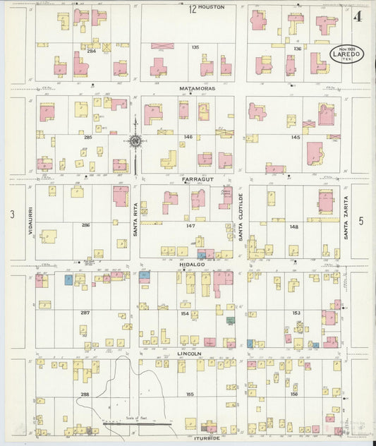 Sanborn Fire Insurance Map from Laredo, Webb County, Texas (1909), Sheet #0004 - Historic Sanborn Fire Insurance Map Print, vintage old map wall art, antique decor, genealogy gift, Texas Texas map