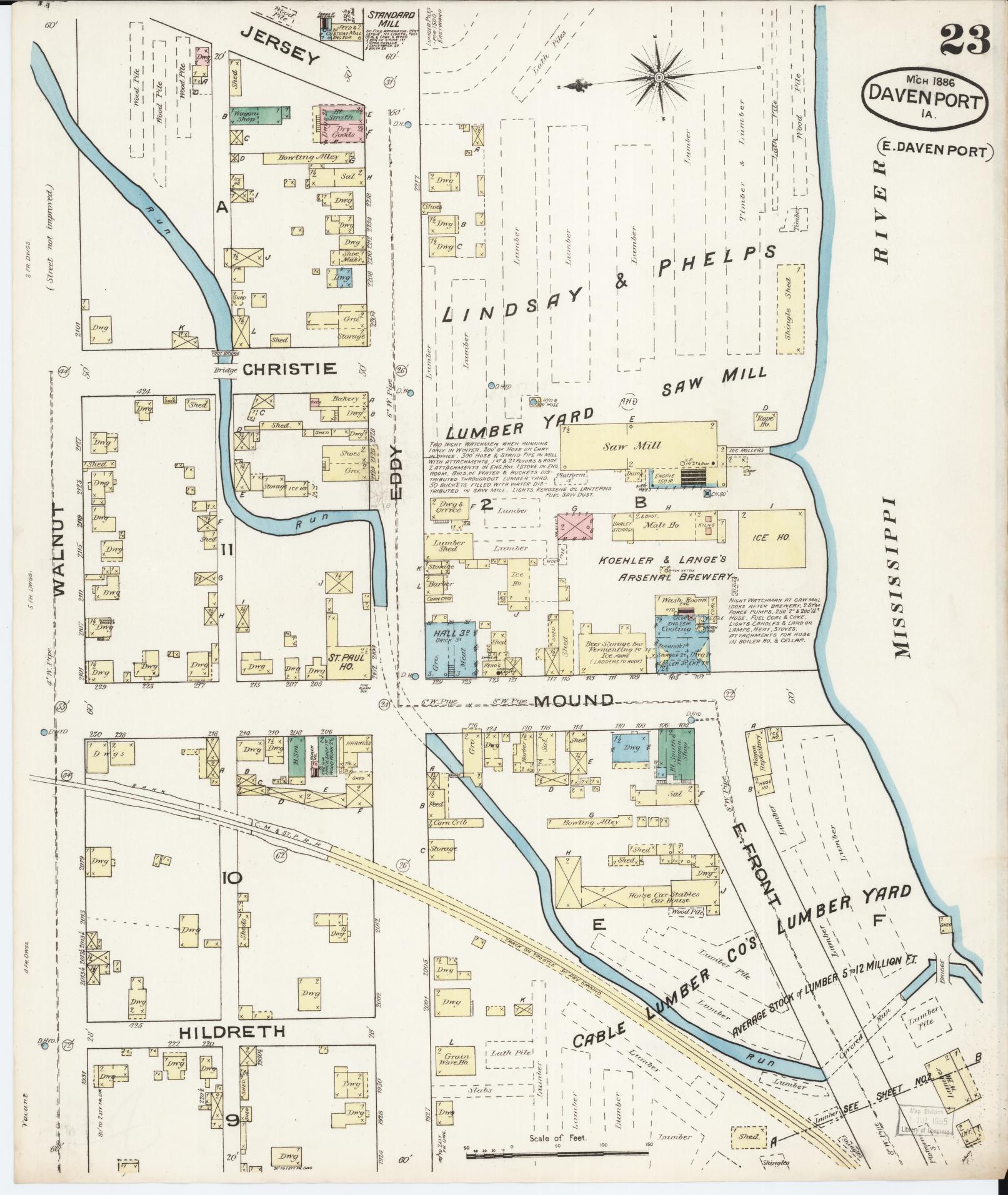 Sanborn Fire Insurance Map from Davenport, Scott County, Iowa (1886), Sheet #0023 - Historic Sanborn Fire Insurance Map Print, vintage old map wall art