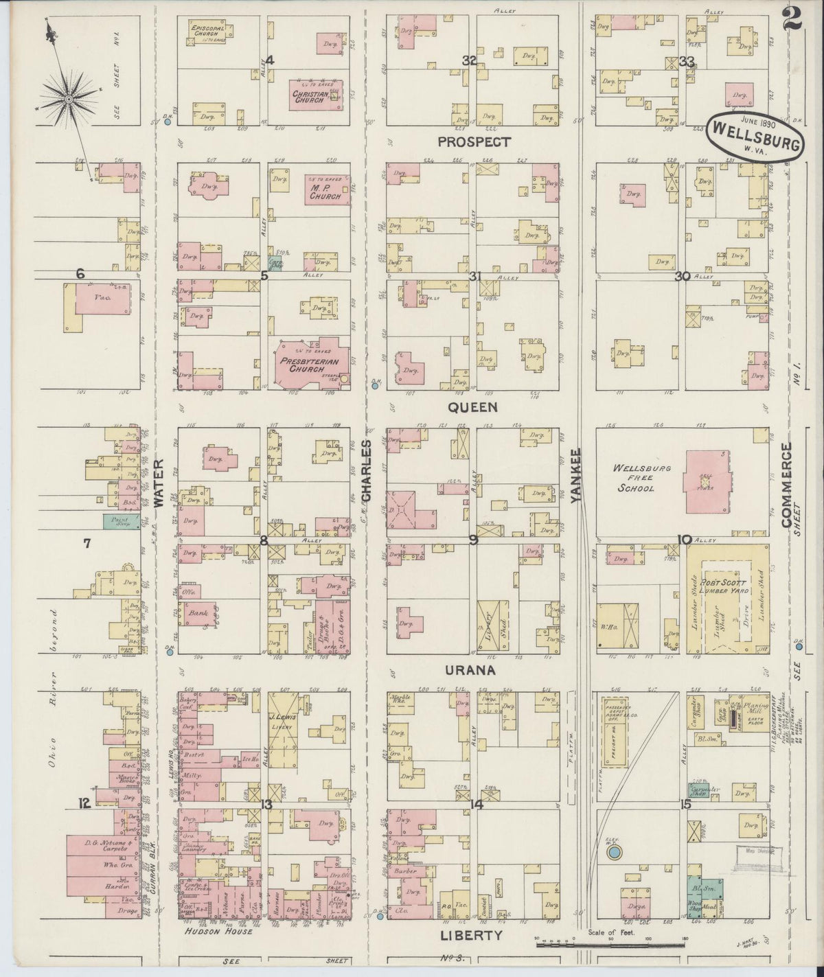 Sanborn Fire Insurance Map from Wellsburg, Brooke County, West Virginia (1890), Sheet #0002 - Historic Sanborn Fire Insurance Map Print, vintage old map wall art, antique decor, genealogy gift, West Virginia West Virginia map