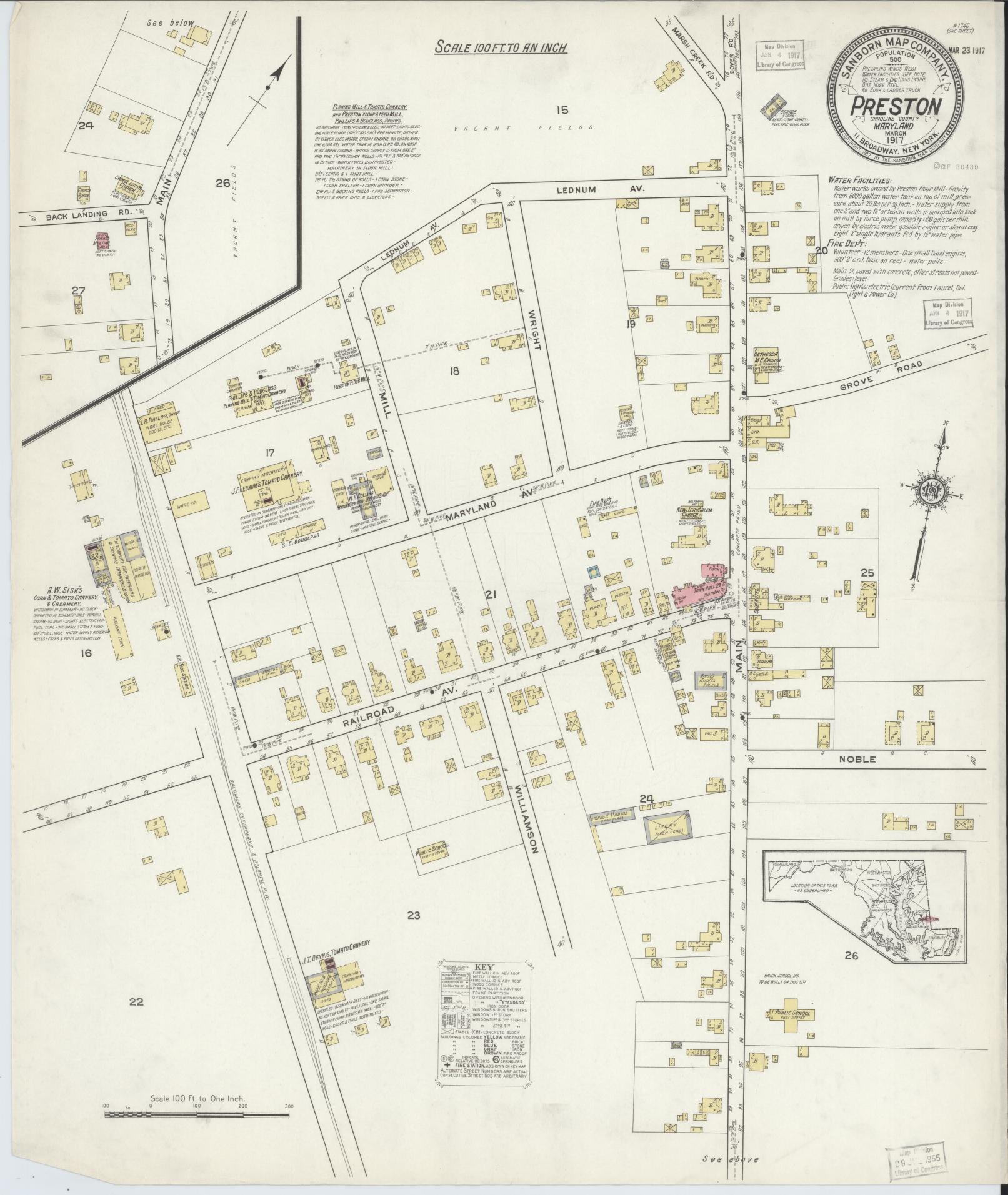 Sanborn Fire Insurance Map from Preston, Caroline County, Maryland (1917), Sheet #0001 - Historic Sanborn Fire Insurance Map Print, vintage old map wall art, antique decor, genealogy gift, Maryland Maryland map